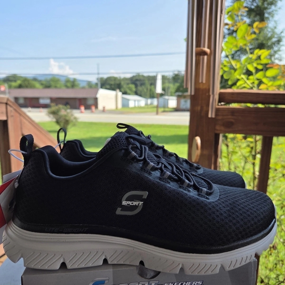 Skechers Men's Black Mesh Athletic Sneakers with White Sole